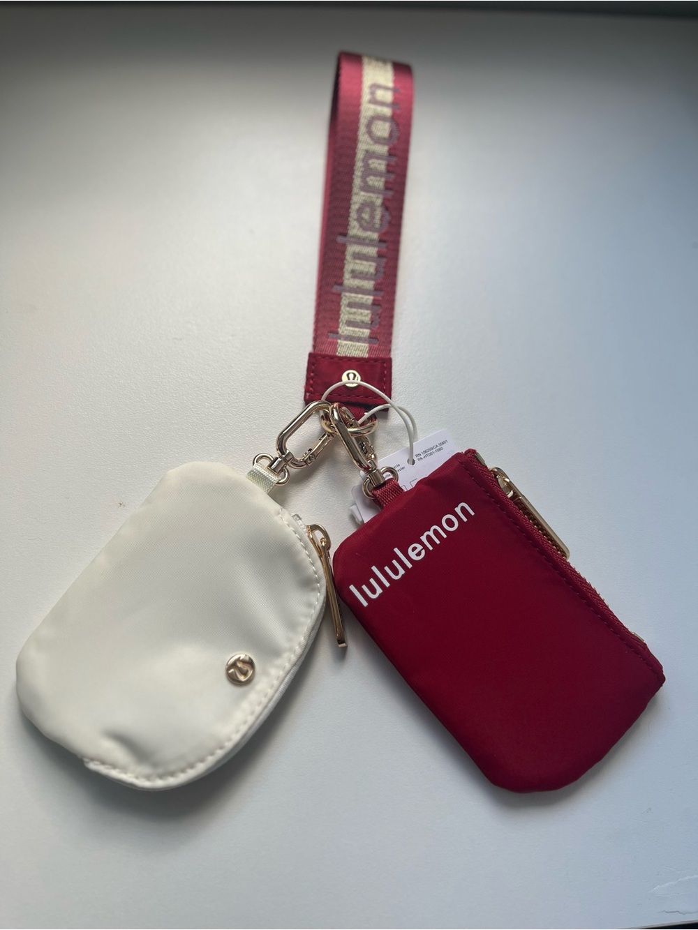 lululemon Red & Ivory white double Pouch Wristlet Gold Hardware keychain